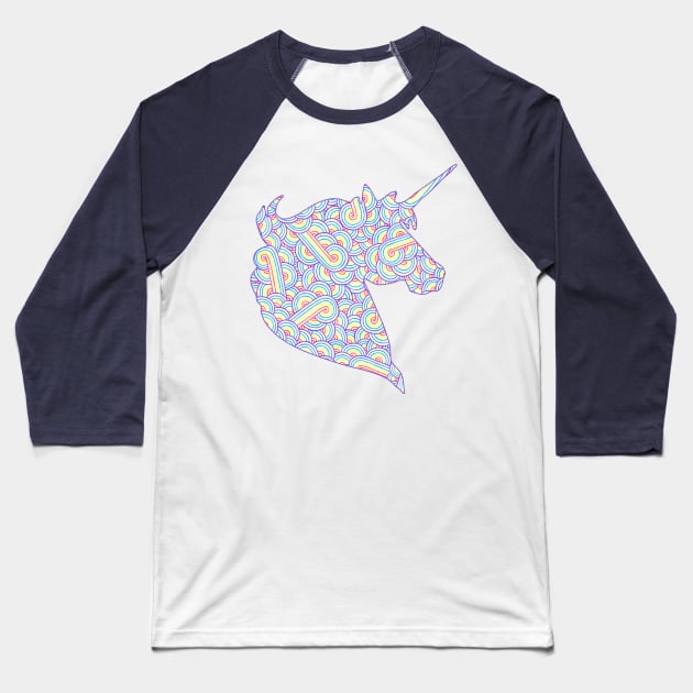 Rainbow and white swirls doodles Unicorn head Baseball T-Shirt by Savousepate